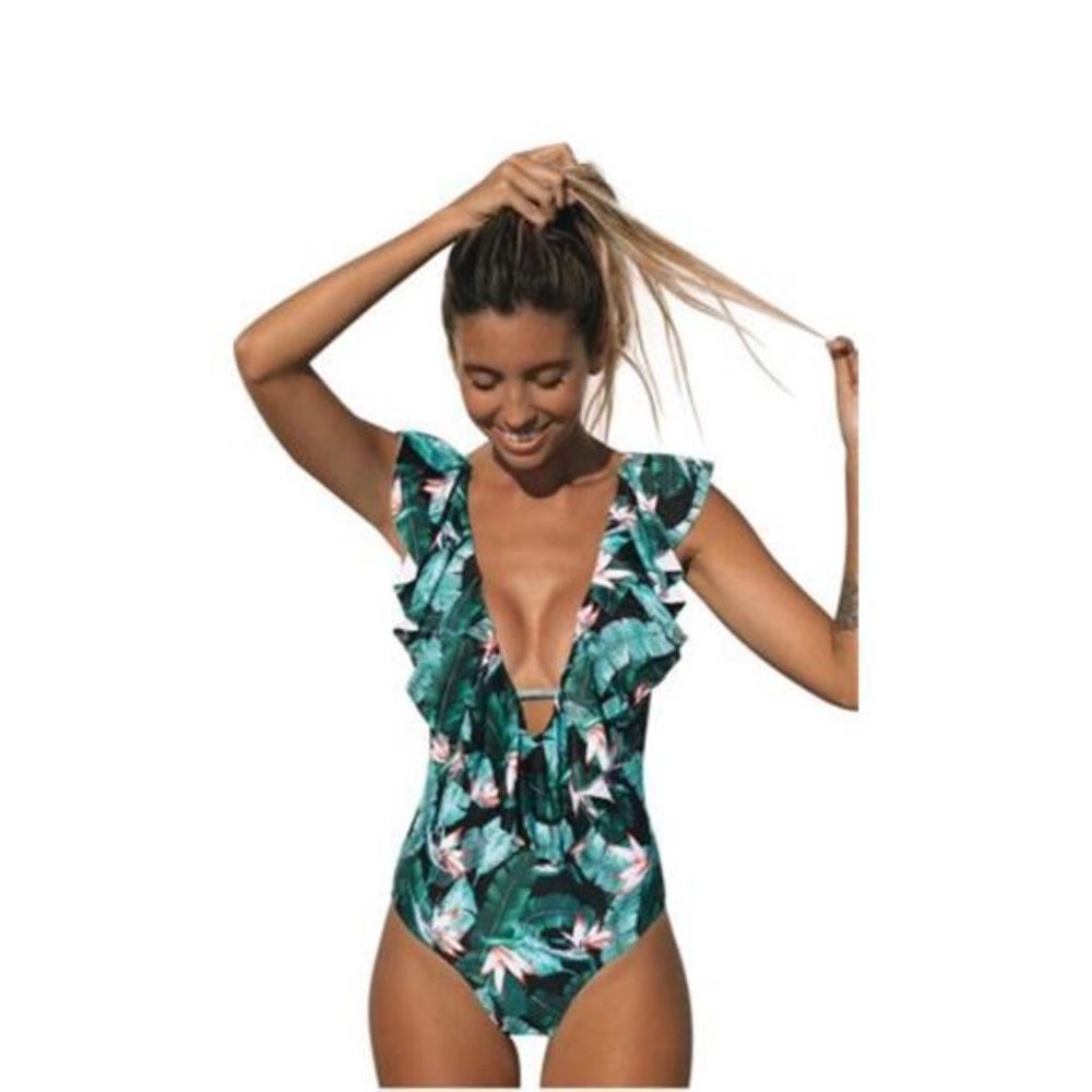 Sporlike Women One Piece Swimsuit V-Neck Ruffle Bathing Suit Padded Monokini M